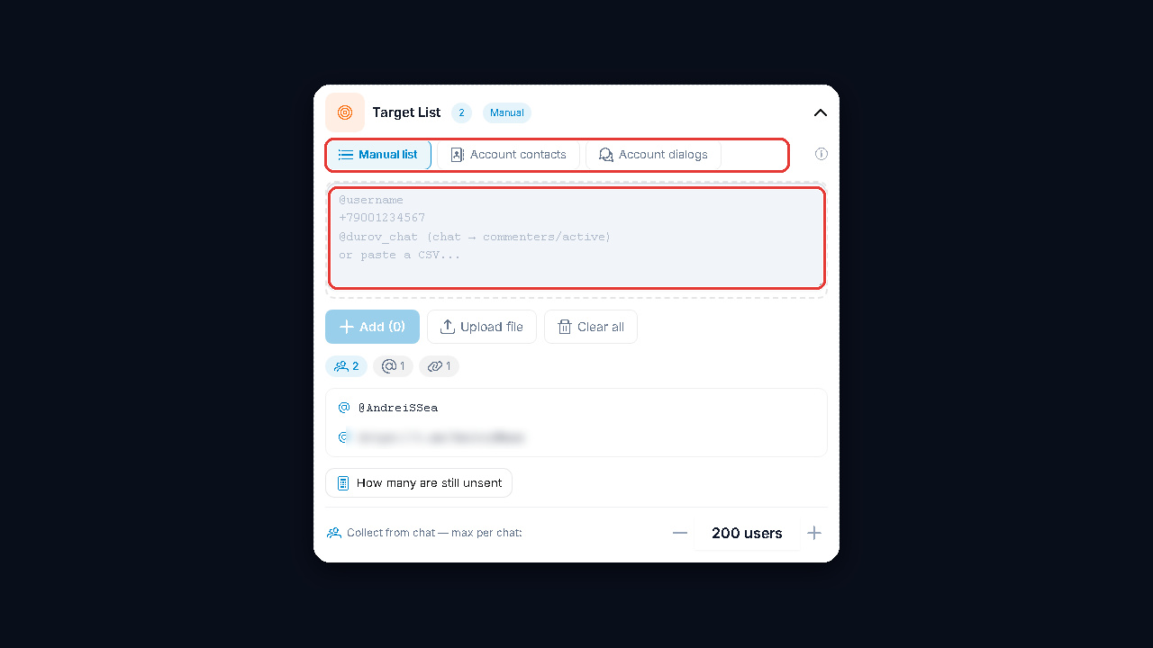 GramGPT DM campaign targets: list, contacts, dialogs and chat members