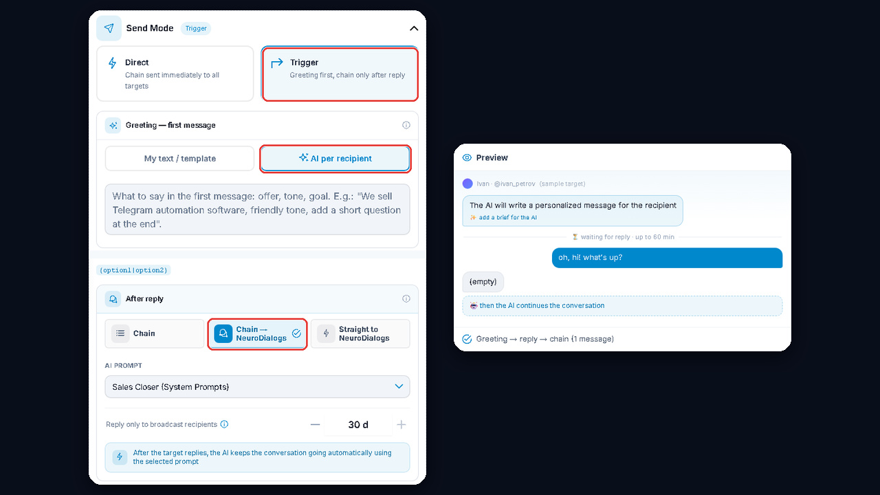 GramGPT DM campaigns: trigger mode and an AI first message per recipient