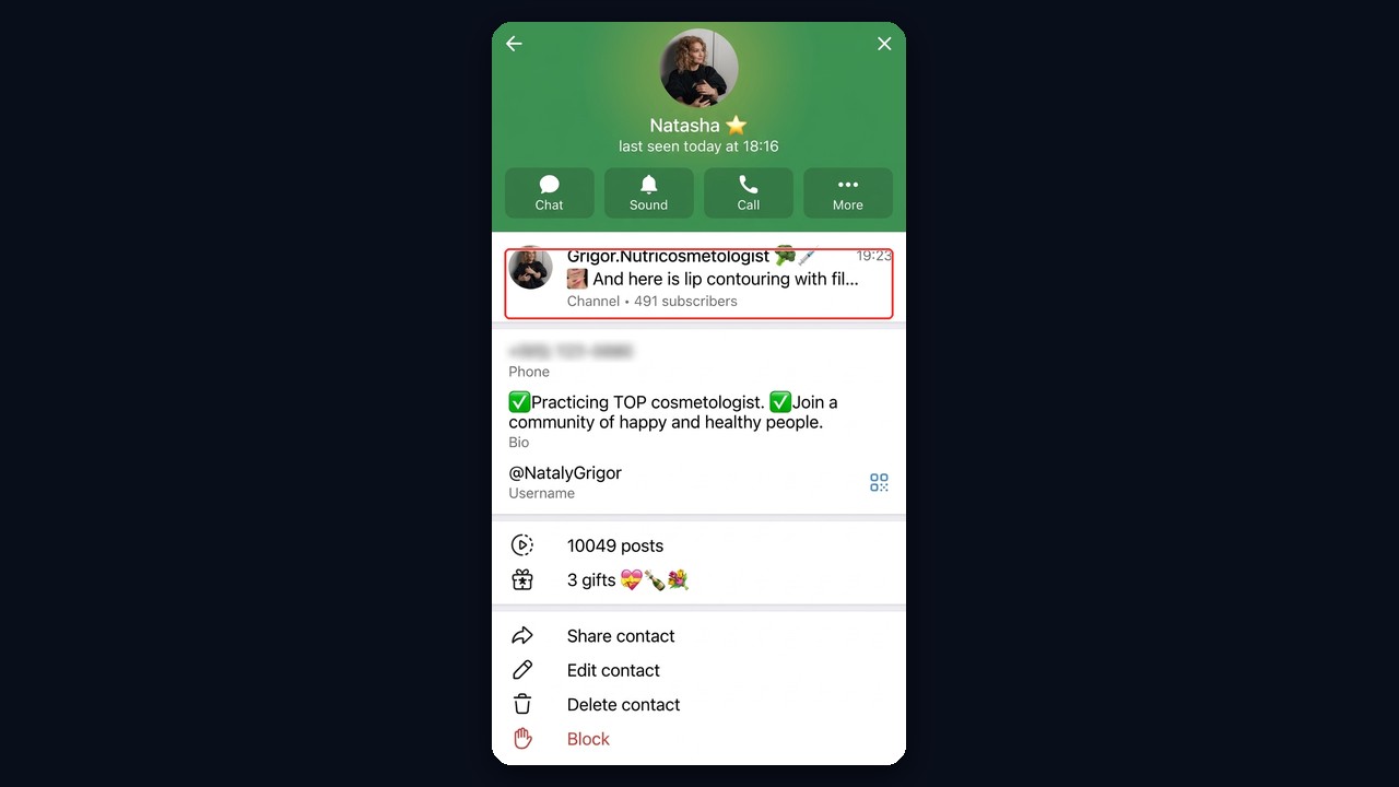 An expert profile with a pinned health channel in Telegram