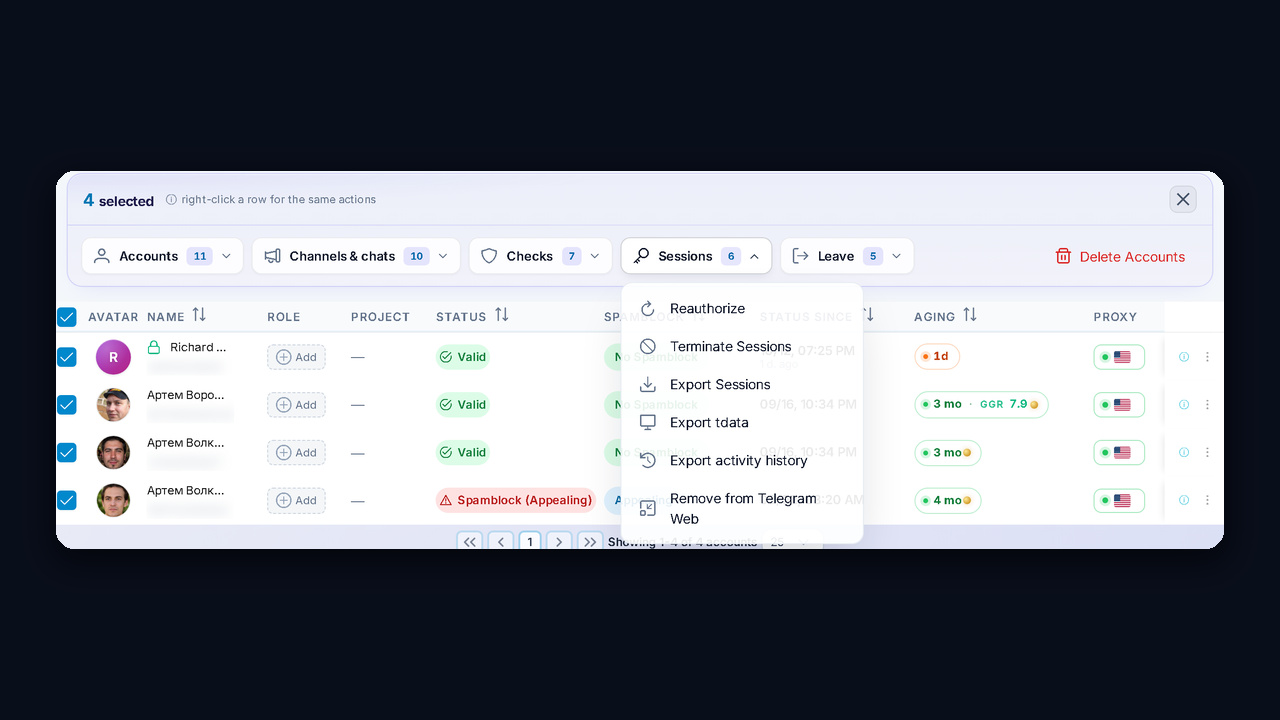 Sessions menu in the GramGPT manager: reauthorize, export sessions and tdata