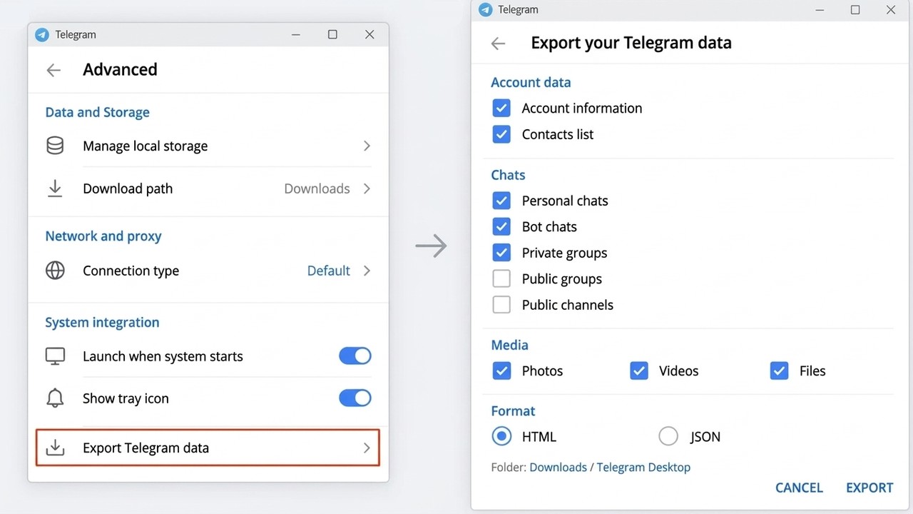 Exporting Telegram data before deleting the account