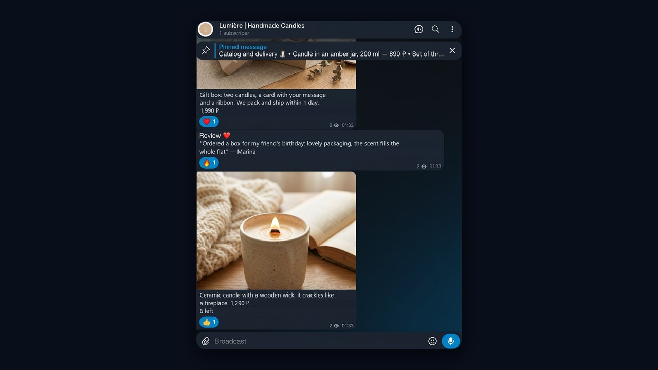 A Telegram channel with one reaction under each post