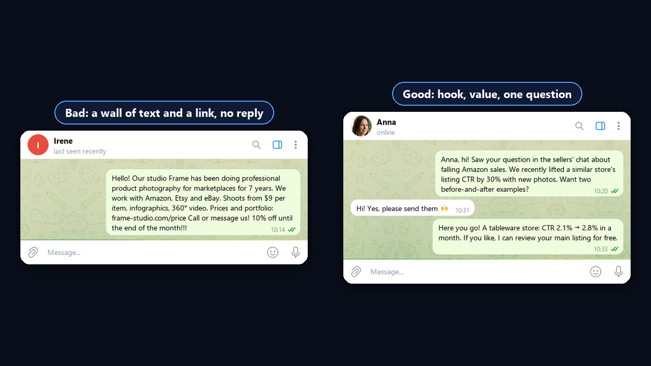 First client message: a bad and a good example in Telegram