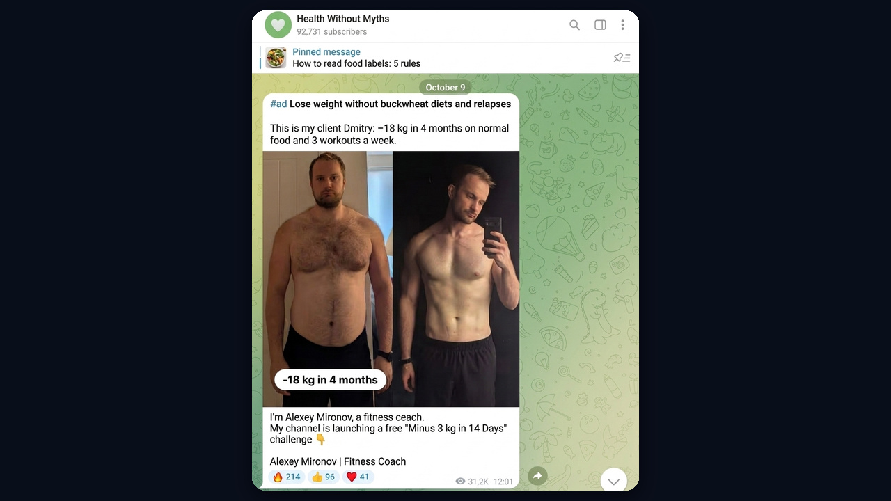 Fitness coach sponsored post with a 4-month before and after client case