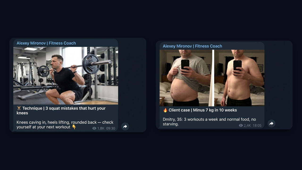 Fitness coach Telegram channel: a technique post and a client case