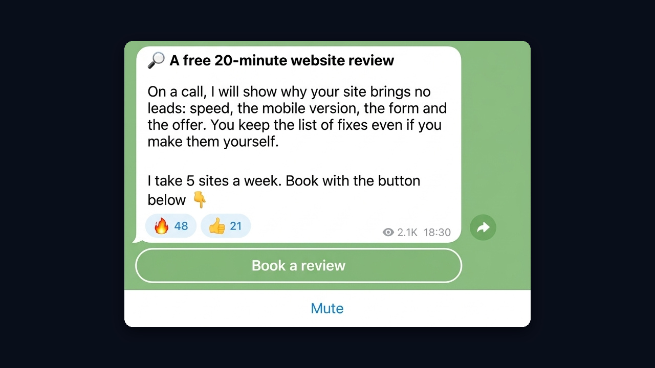 Free website review: a post in a developer Telegram channel with a booking button