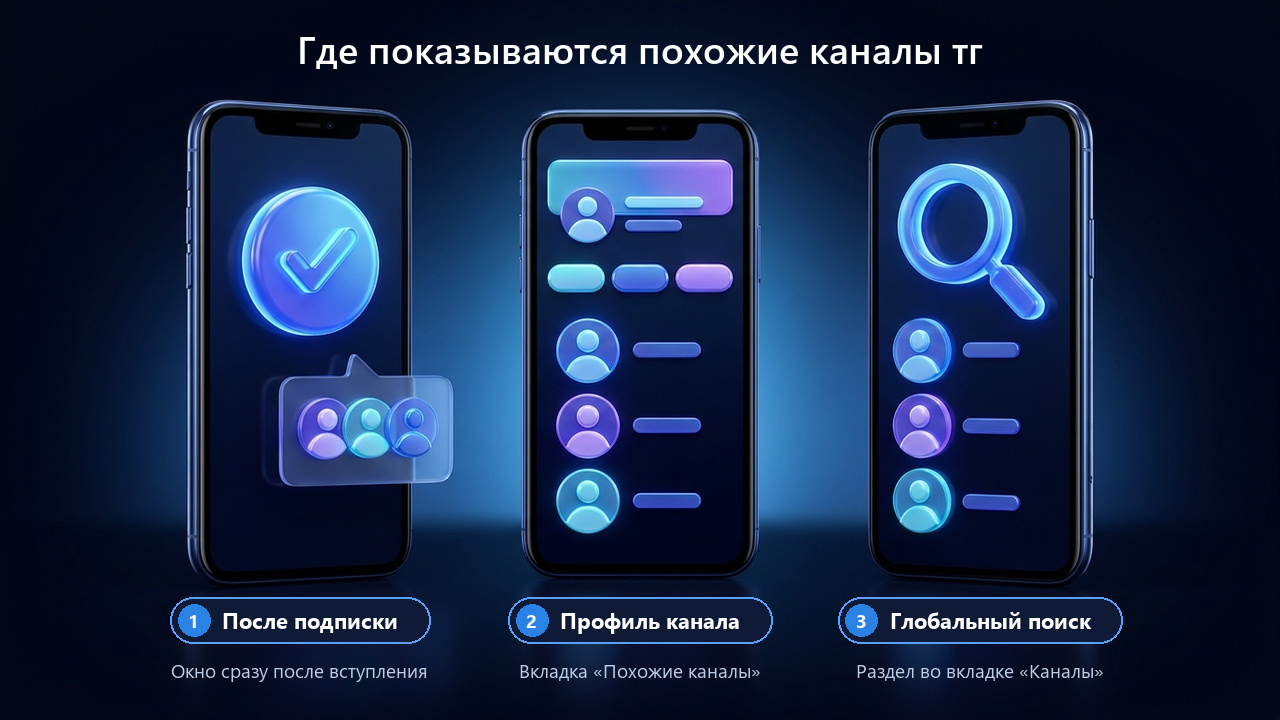 Где найти похожие каналы в тг: после подписки, в профиле канала и в поиске