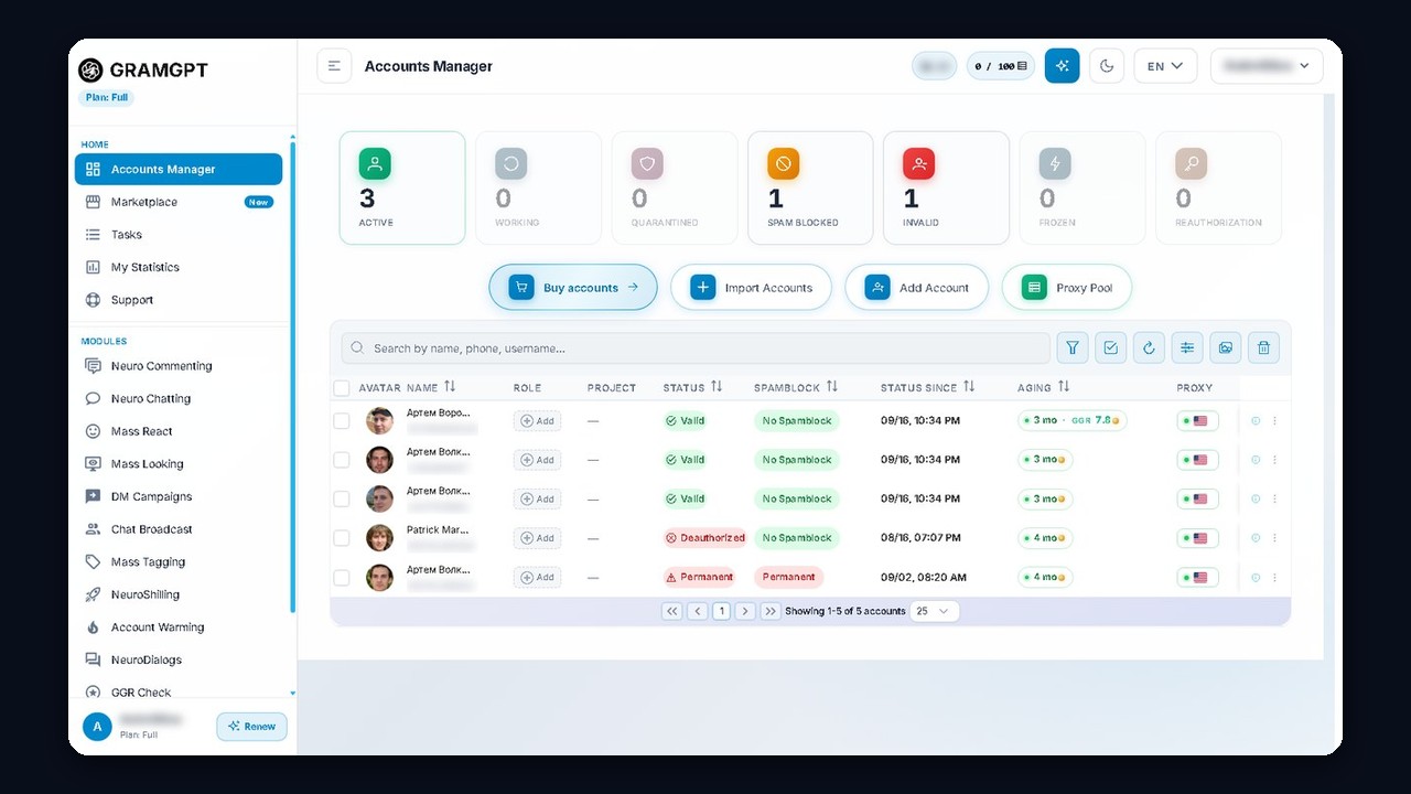 GramGPT account manager: a list of profiles with status and aging