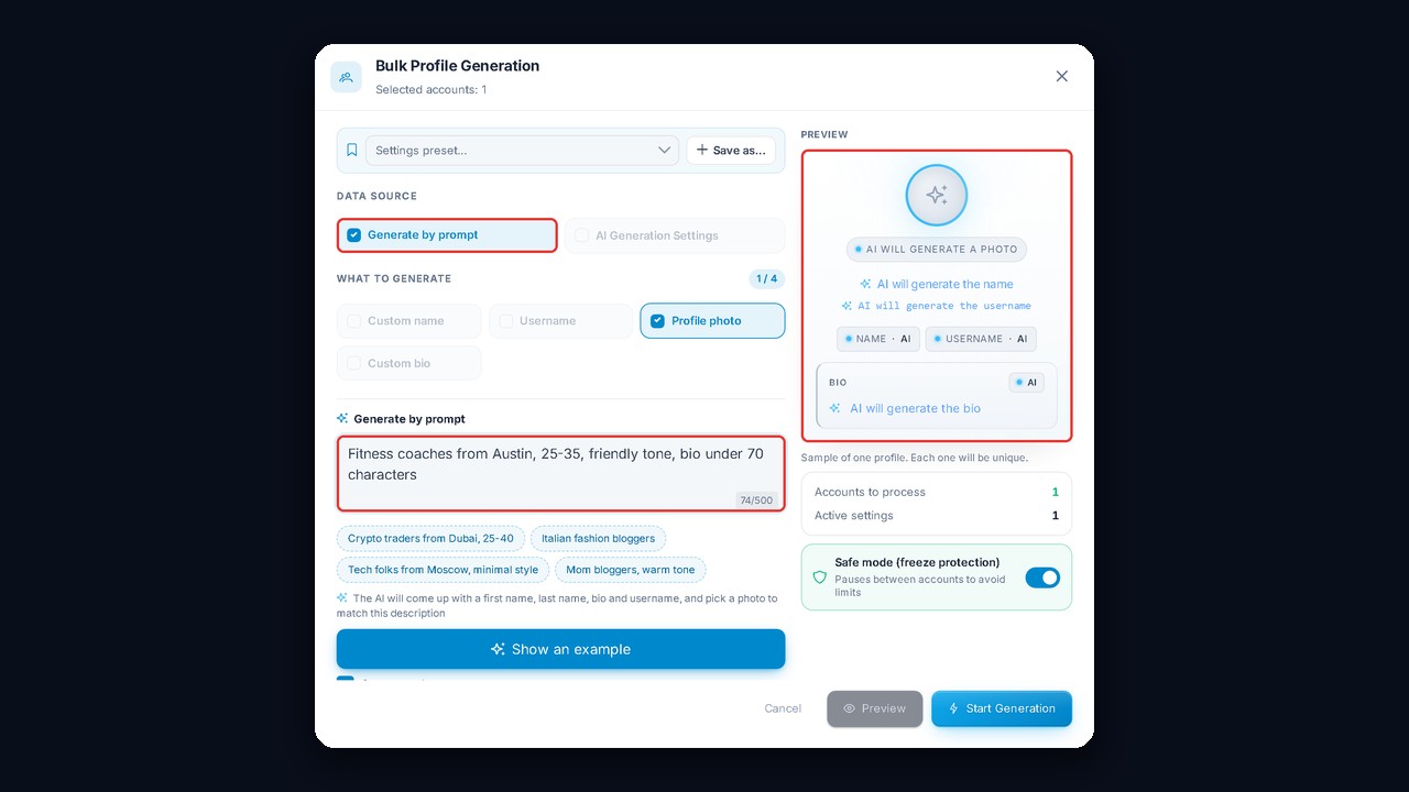 GramGPT AI Profiles: generating name, username, photo and Telegram bio by prompt