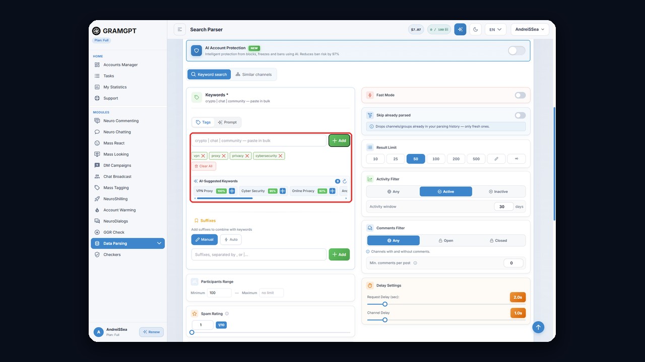 GramGPT channel parser: VPN niche keywords and AI suggestions