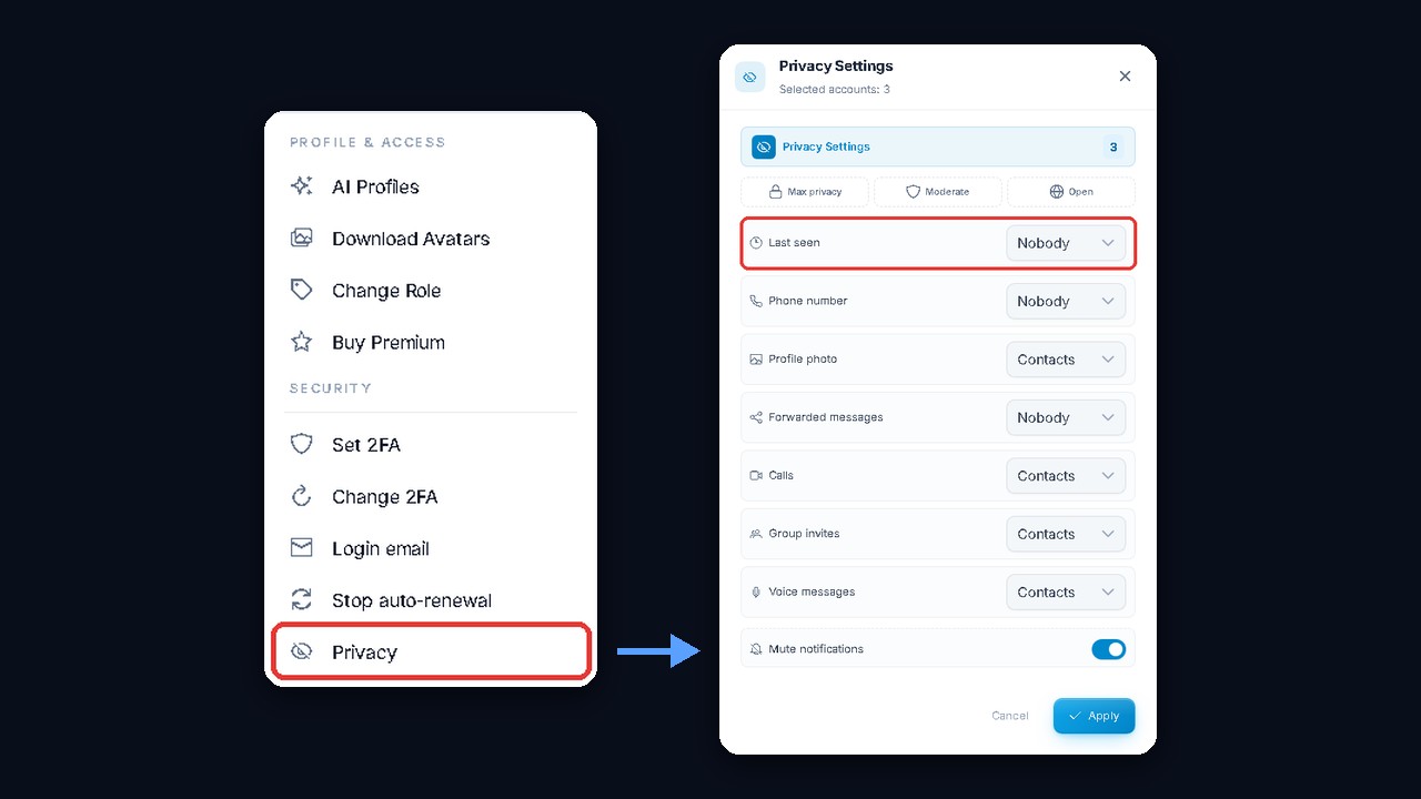 Bulk privacy settings in the GramGPT account manager: last seen set to Nobody