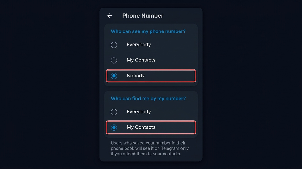 How to hide phone number in Telegram Web: Nobody and number search for contacts only