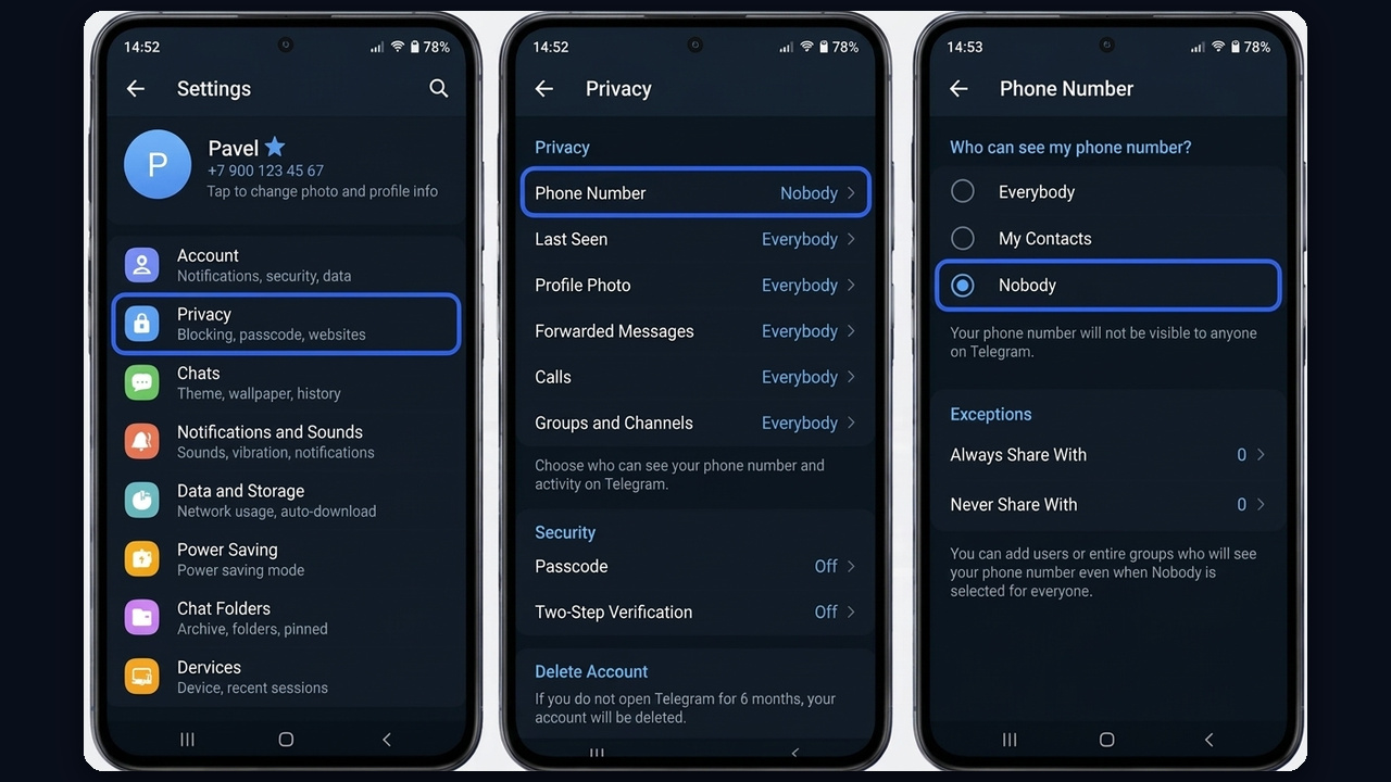 How to hide your phone number on Telegram Android: Settings, Privacy, Phone Number, Nobody