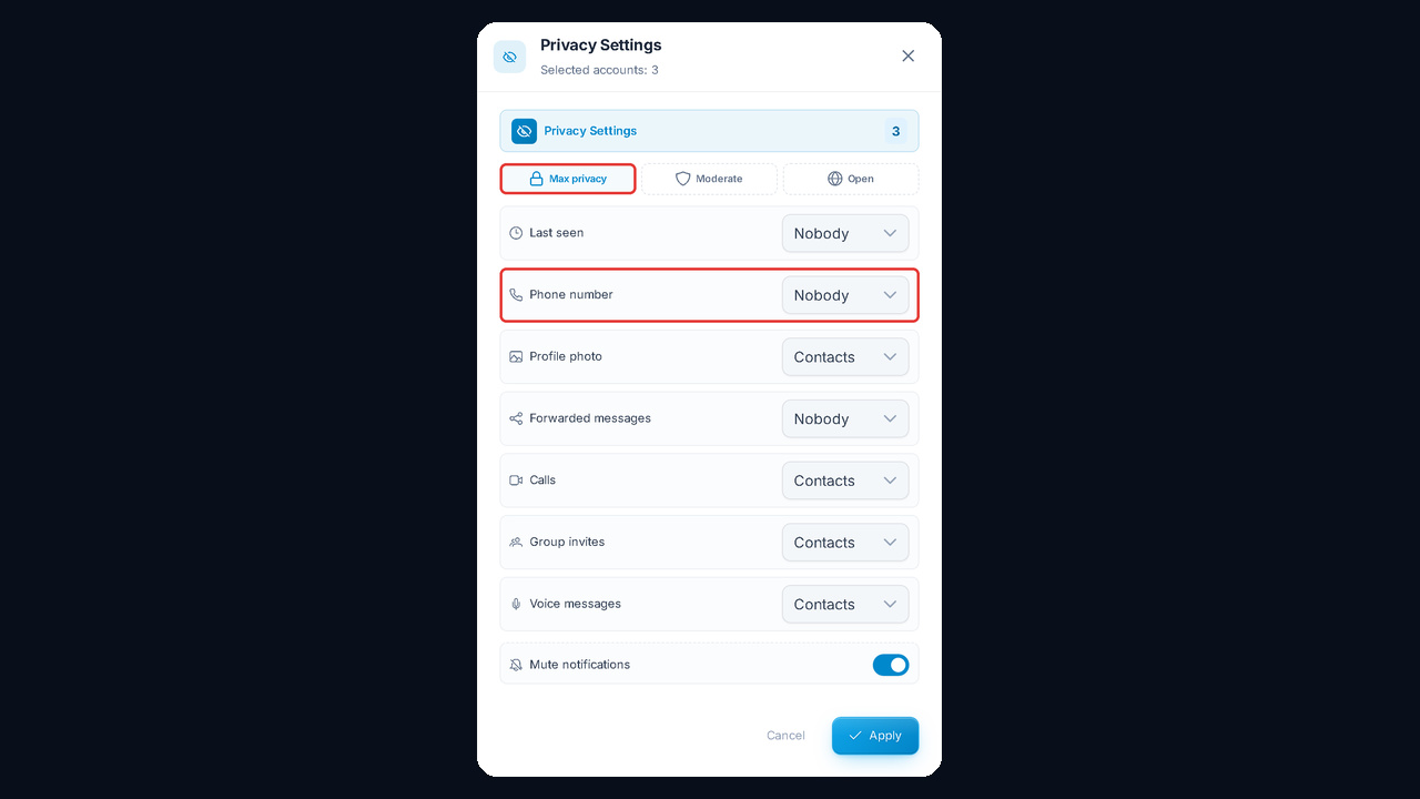 Hide the phone number on Telegram in bulk: privacy in the GramGPT account manager