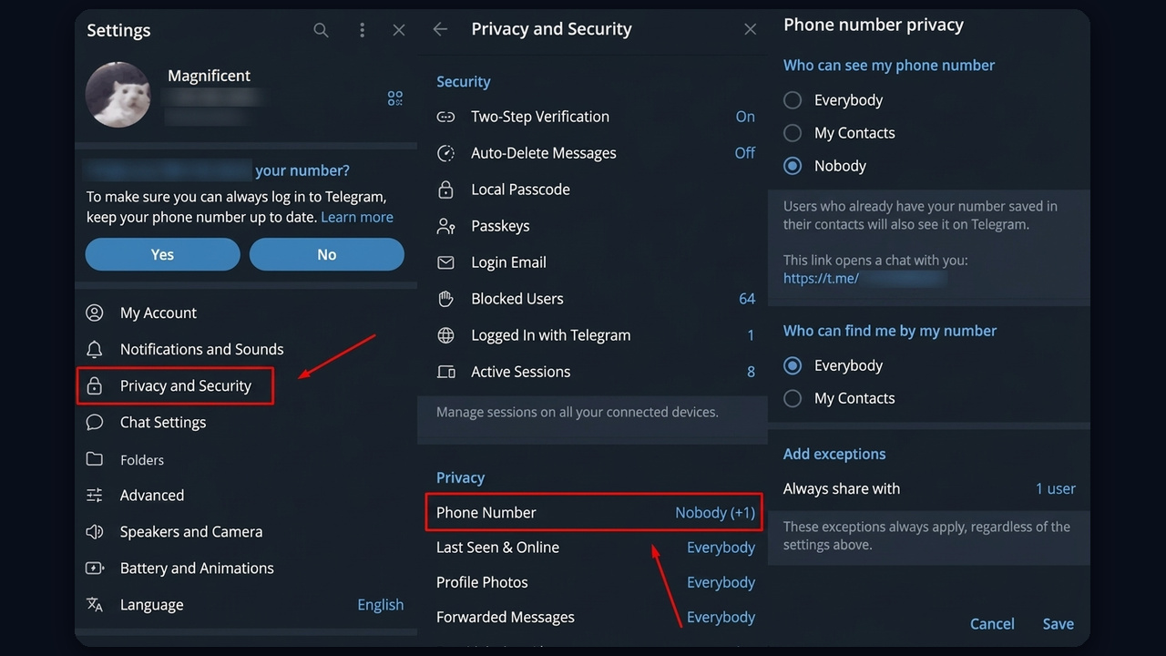 Hide your phone number on Telegram Desktop: phone number privacy and exceptions
