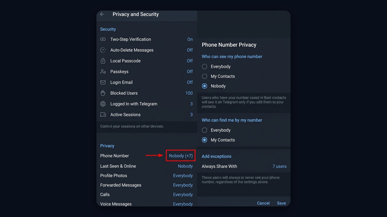 How to hide your phone number on Telegram: Nobody and search by contacts only