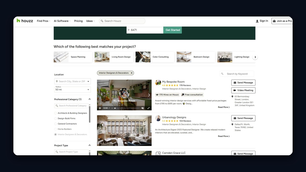 Houzz helps an interior designer find clients: profiles with reviews, ratings and prices