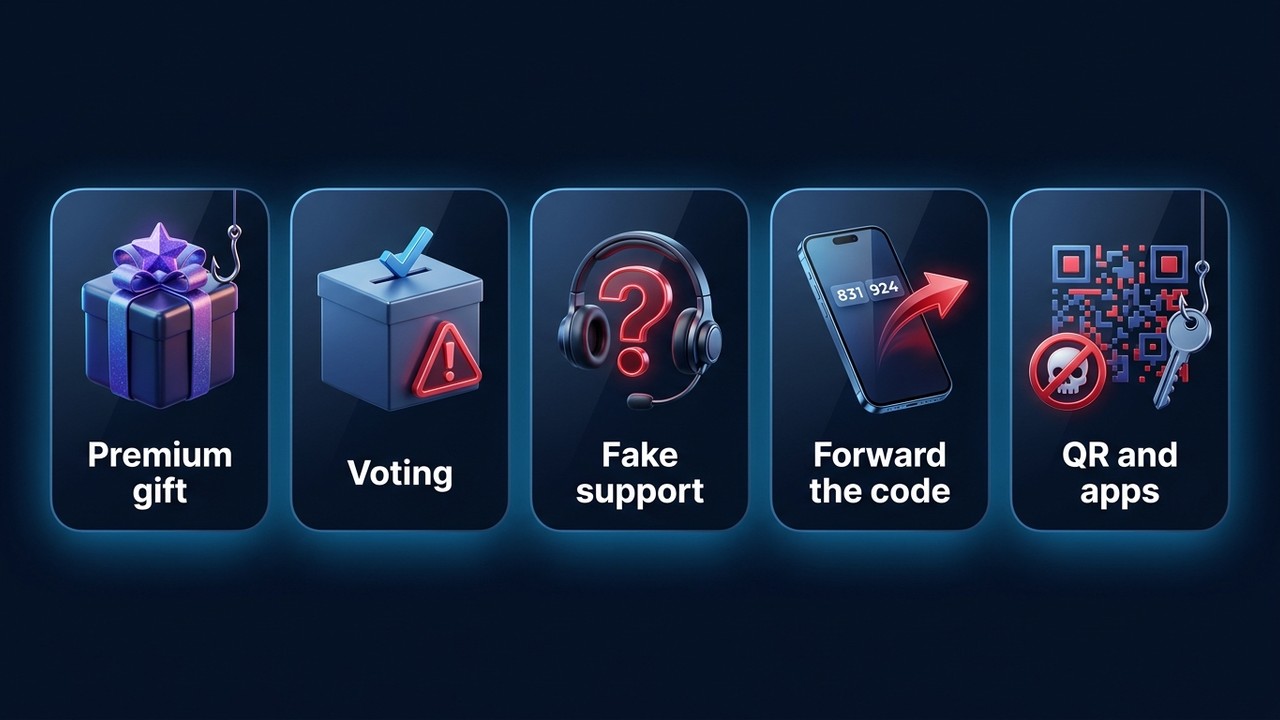 How Telegram accounts get hacked: fake Premium gift, voting, fake support, code, QR