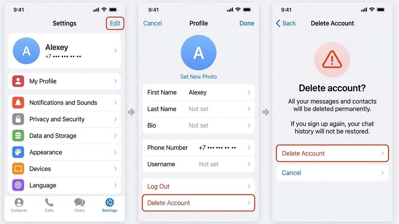 How to delete a Telegram account on iPhone: Edit profile and the Delete Account button