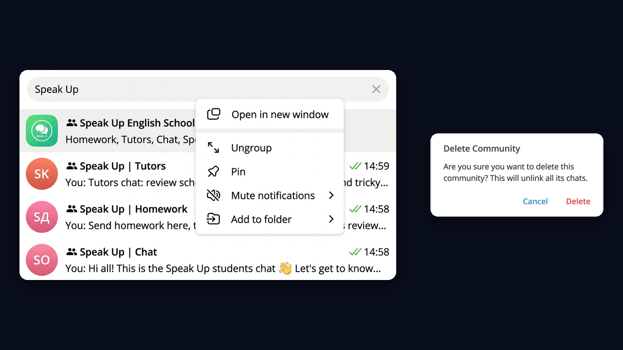 How to delete a Telegram community or ungroup its chats in Telegram Desktop