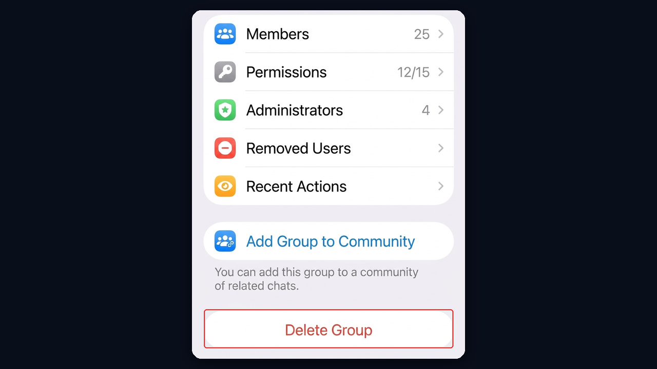 How to delete a Telegram group on a phone: Edit → Delete Group
