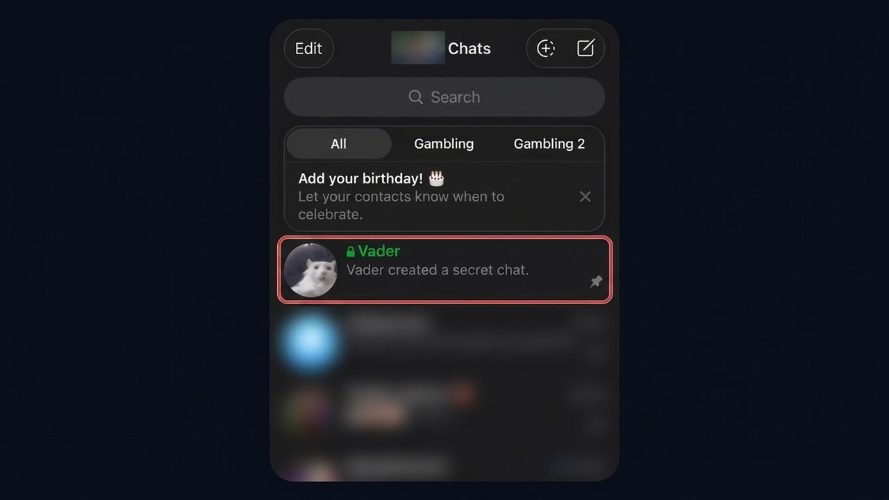 How to find a Telegram secret chat: green padlock and green name in the chat list