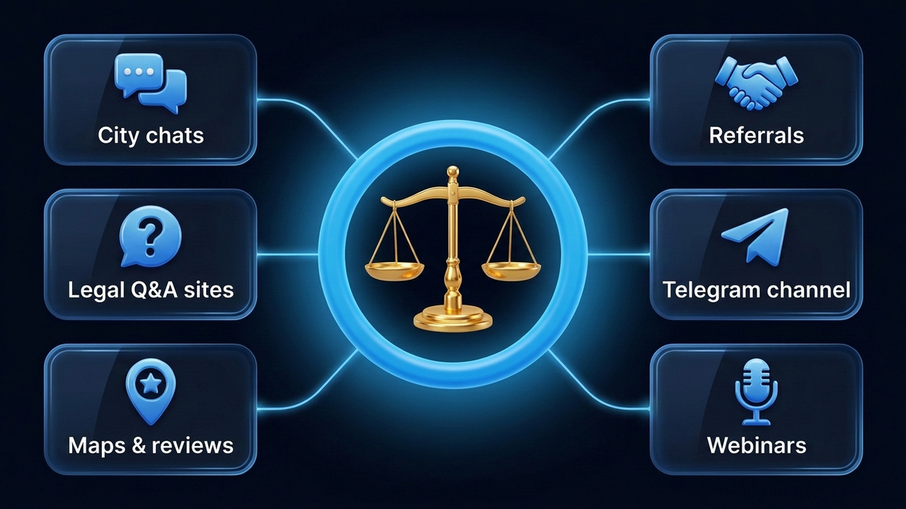 How to get clients as a lawyer: city chats, legal Q&A sites, maps, referrals, Telegram channel and webinars