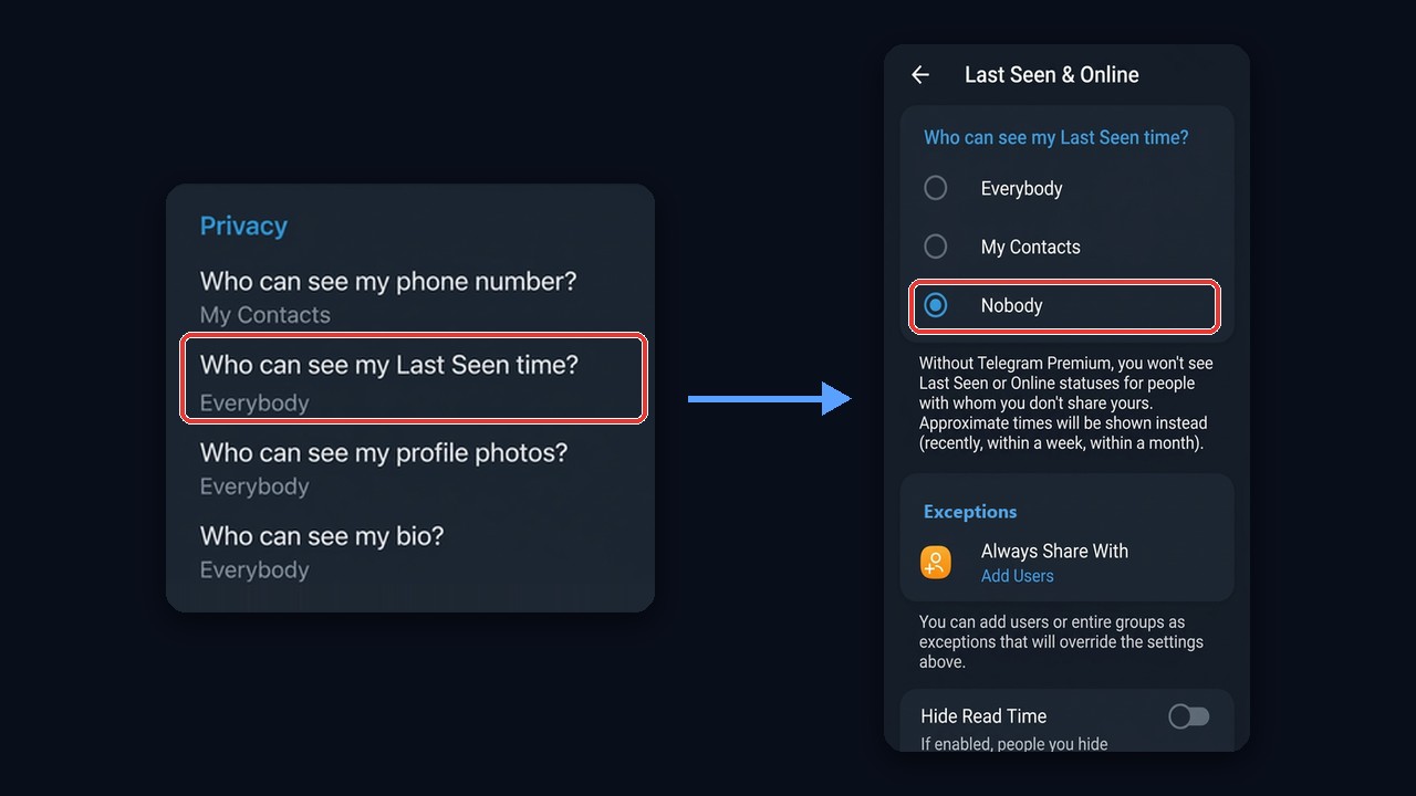How to hide last seen in Telegram: Privacy, Last Seen & Online, Nobody