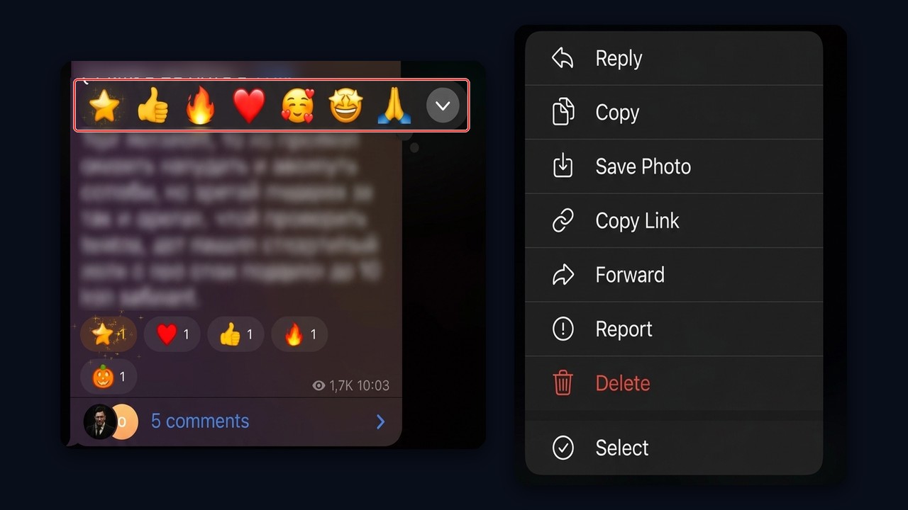 How to react on Telegram on a phone: emoji strip above a message
