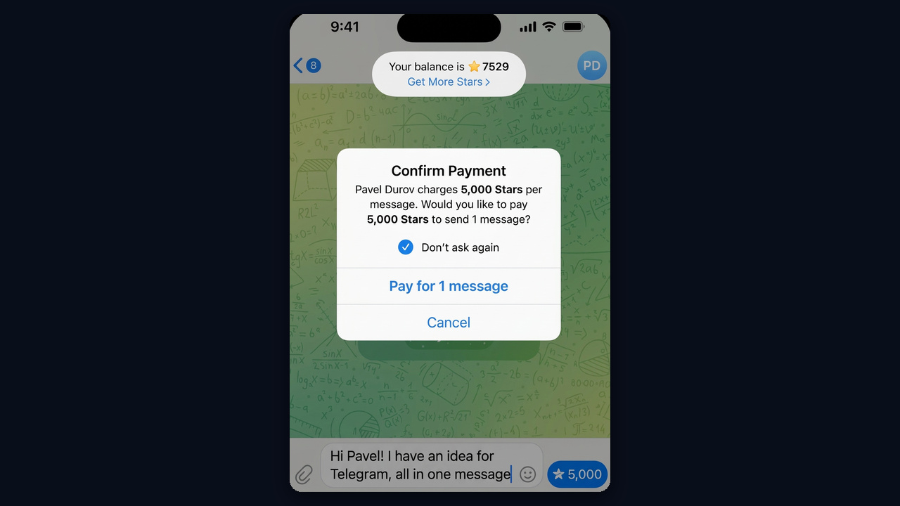 How to send a paid message on Telegram: confirming a 5,000 Star payment to Pavel Durov