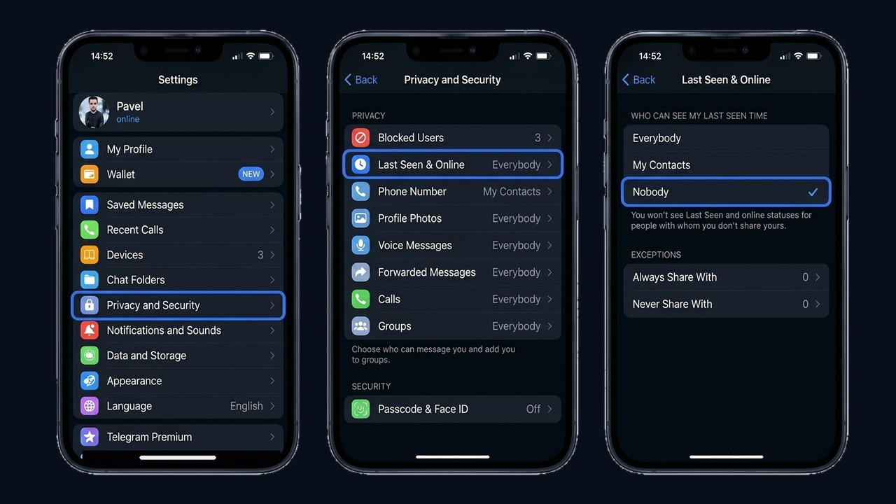 How to set Telegram last seen recently on iPhone: Privacy and Security, Last Seen & Online, Nobody