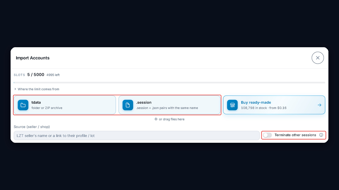Importing ready tdata and session files into the GramGPT account manager without your own api_id