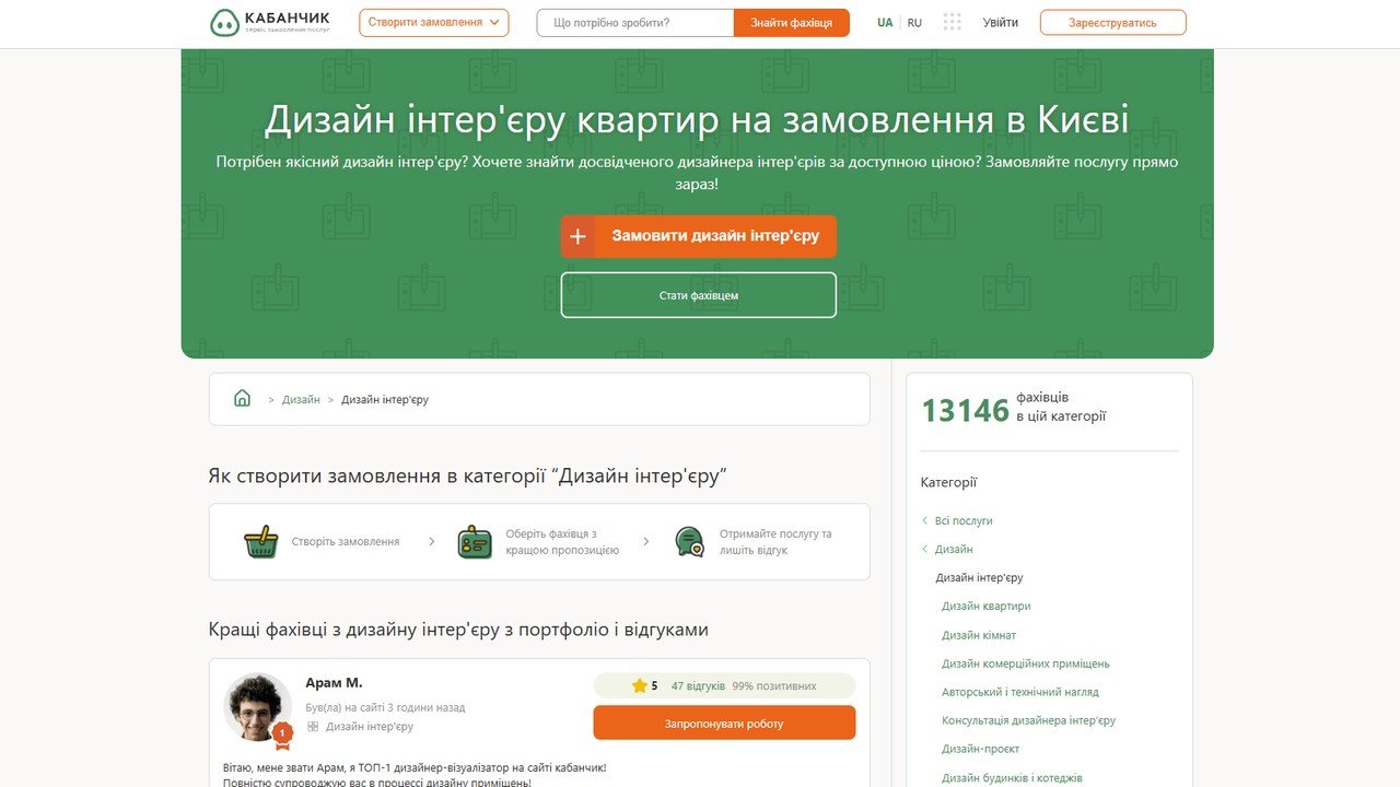 Kabanchik: дизайнер інтер'єру шукає клієнтів через профіль із відгуками та рейтингом