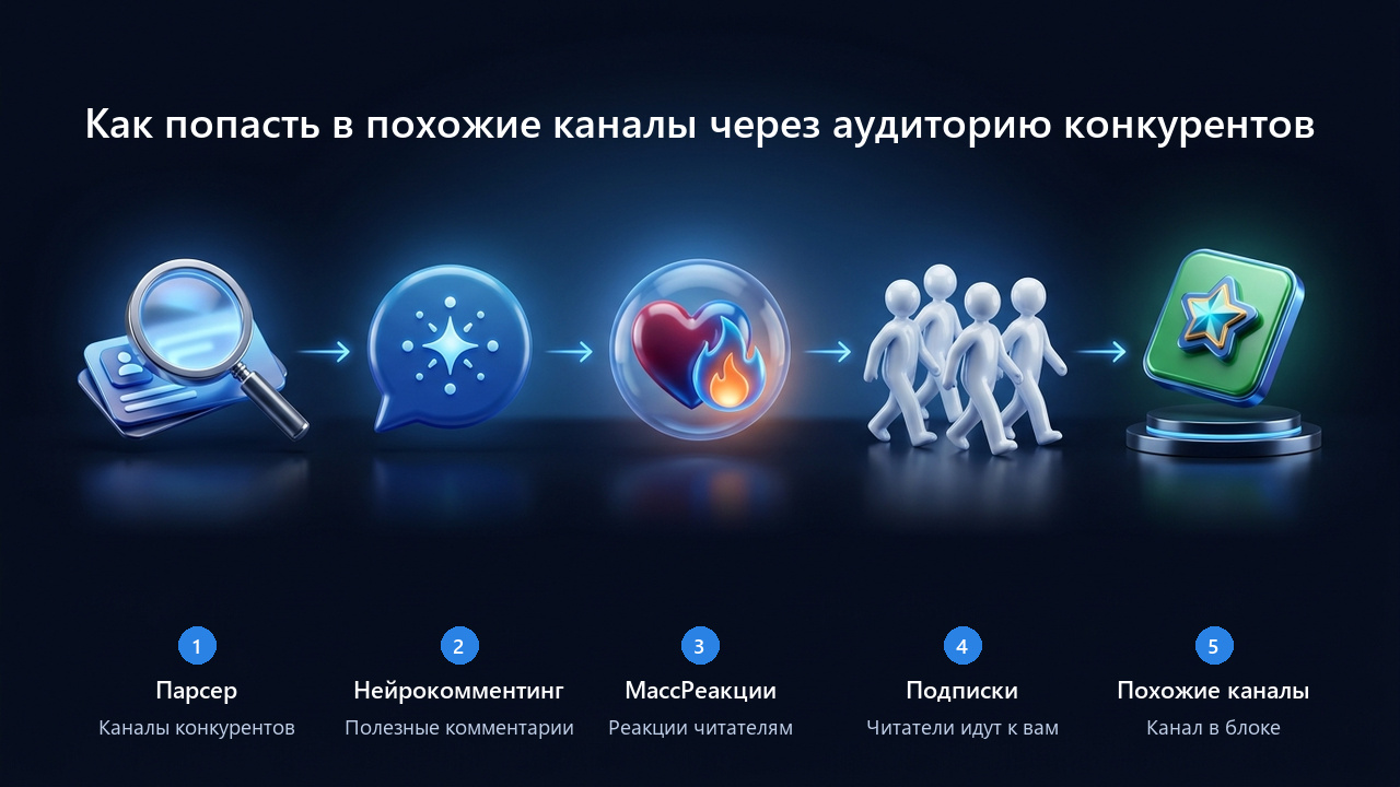 Как попасть в похожие каналы тг: парсер, Нейрокомментинг, МассРеакции