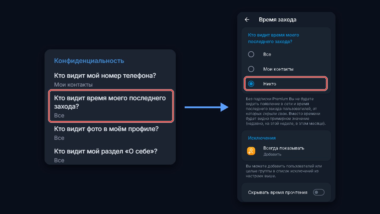 Как скрыть время захода в телеграмме: Конфиденциальность — Время захода — Никто