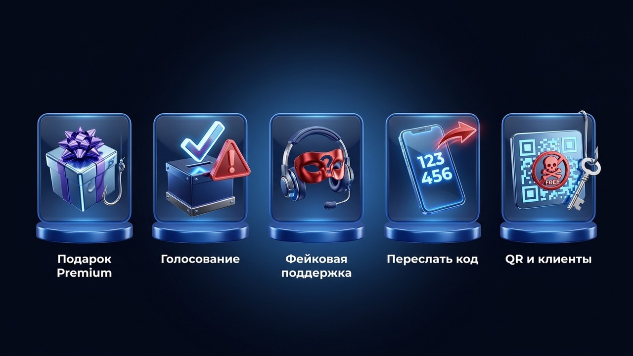 Как взламывают тг: подарок Premium, голосование, фейковая поддержка, код, QR