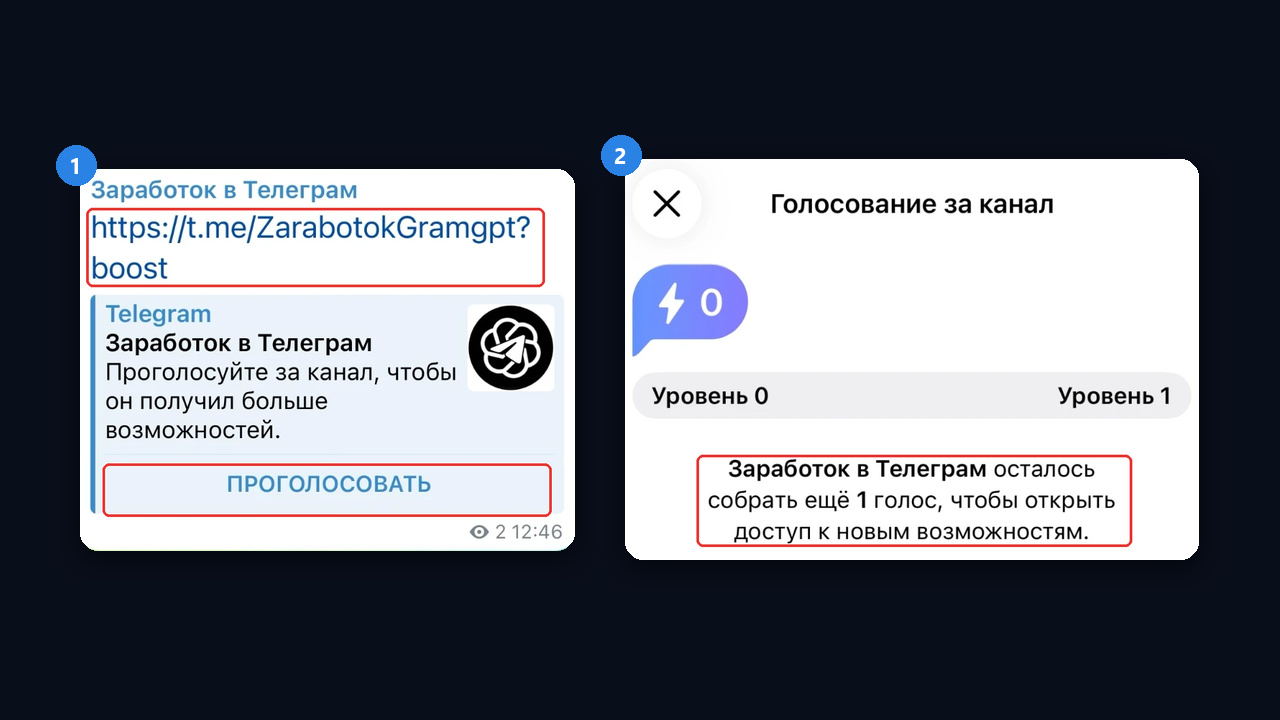 Как забустить канал с телефона: ссылка с ?boost и окно «Голосование за канал»