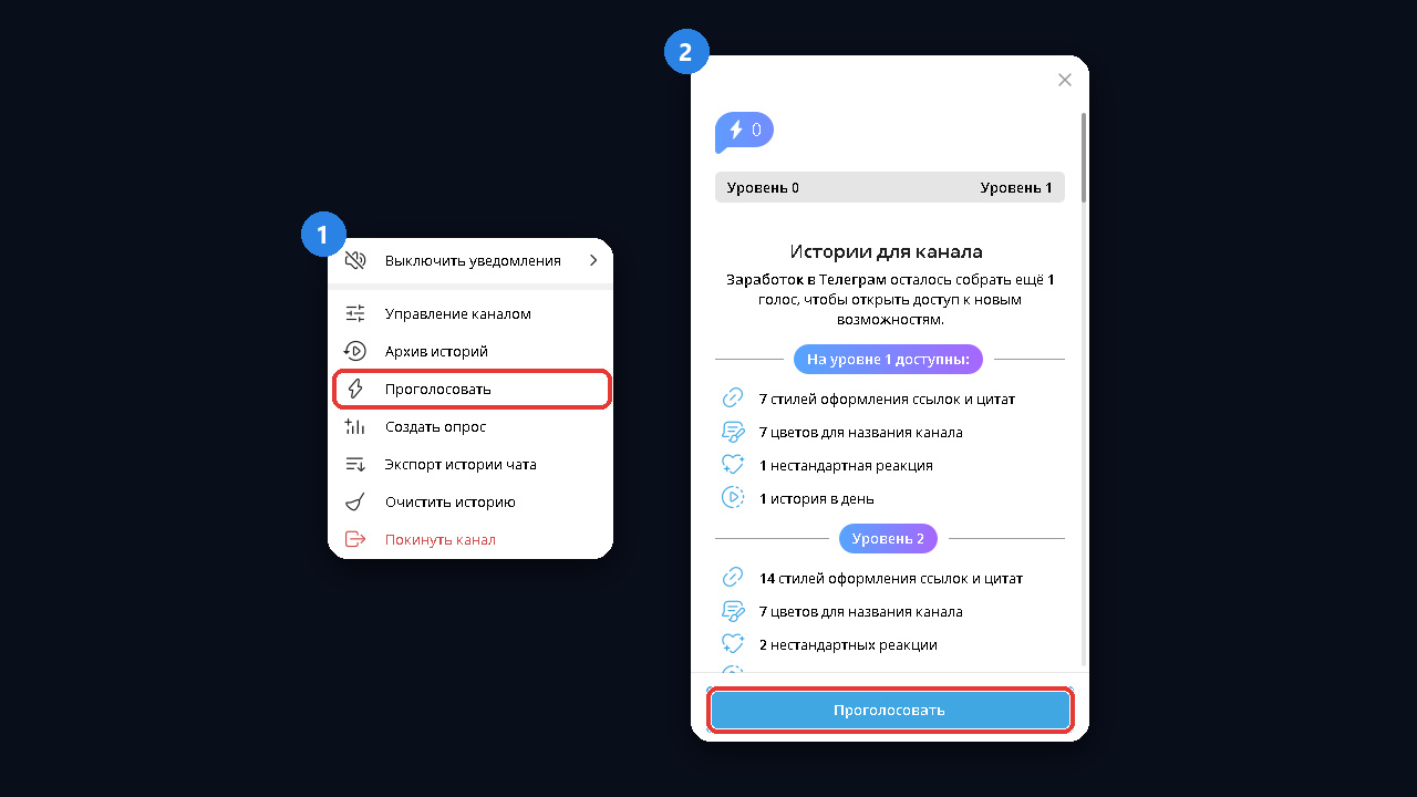 Как забустить канал в тг: пункт «Проголосовать» в меню и окно голосования