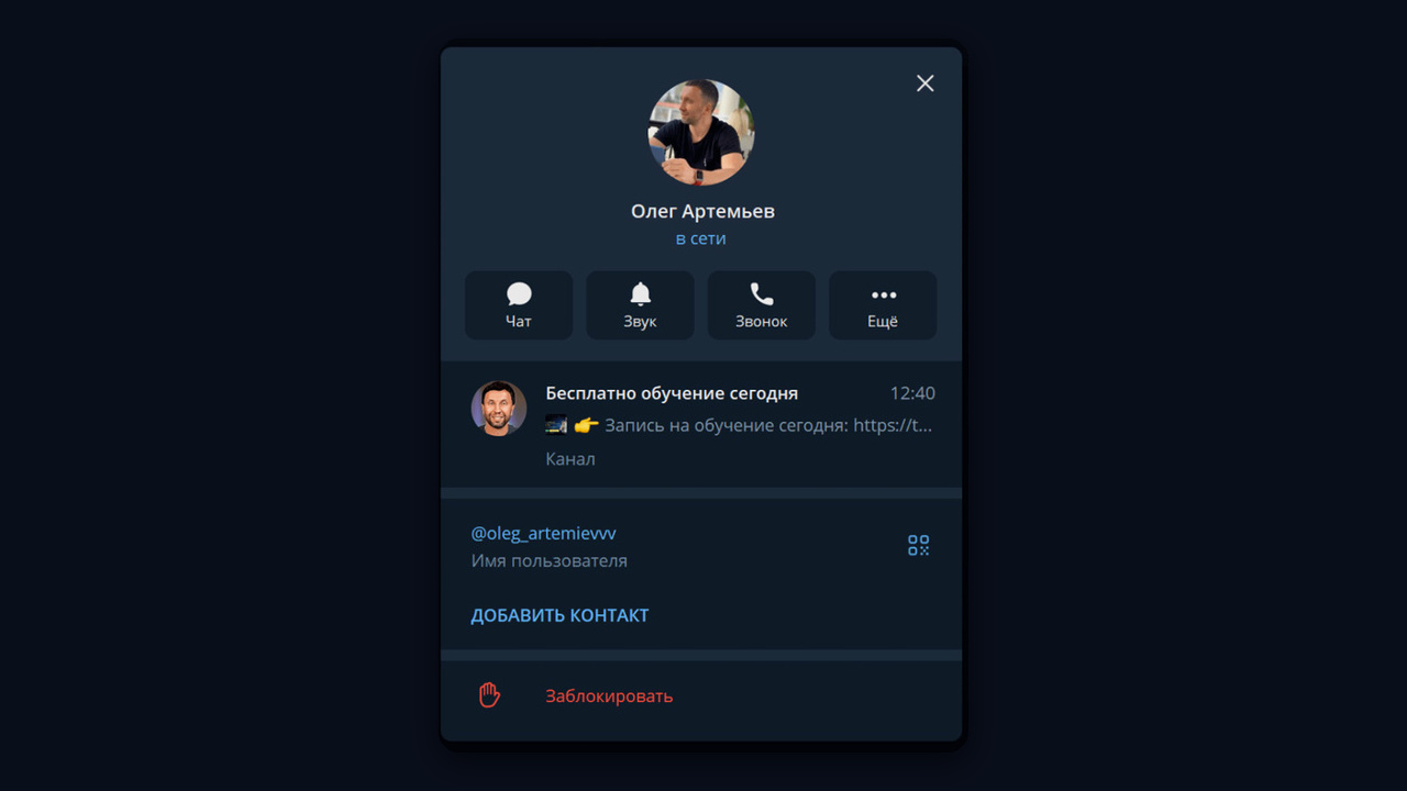 Канал в профиле тг: закреплённый канал эксперта с постом о бесплатном обучении