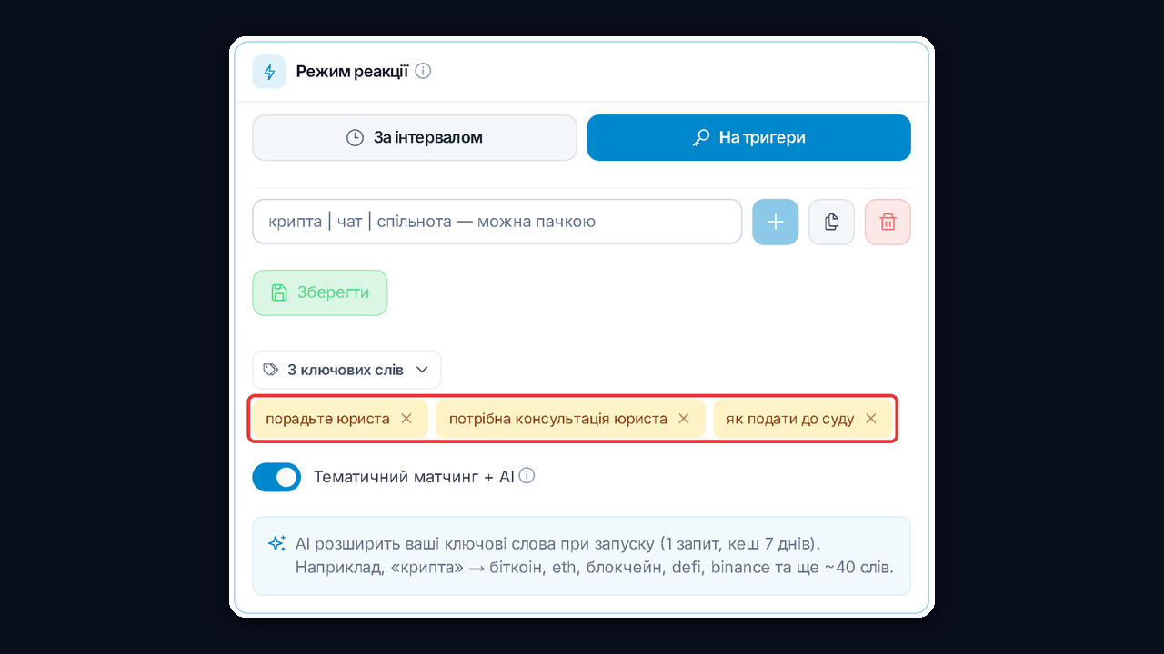 Клієнти для юриста з чатів: Нейрочатинг на тригери «порадьте юриста»