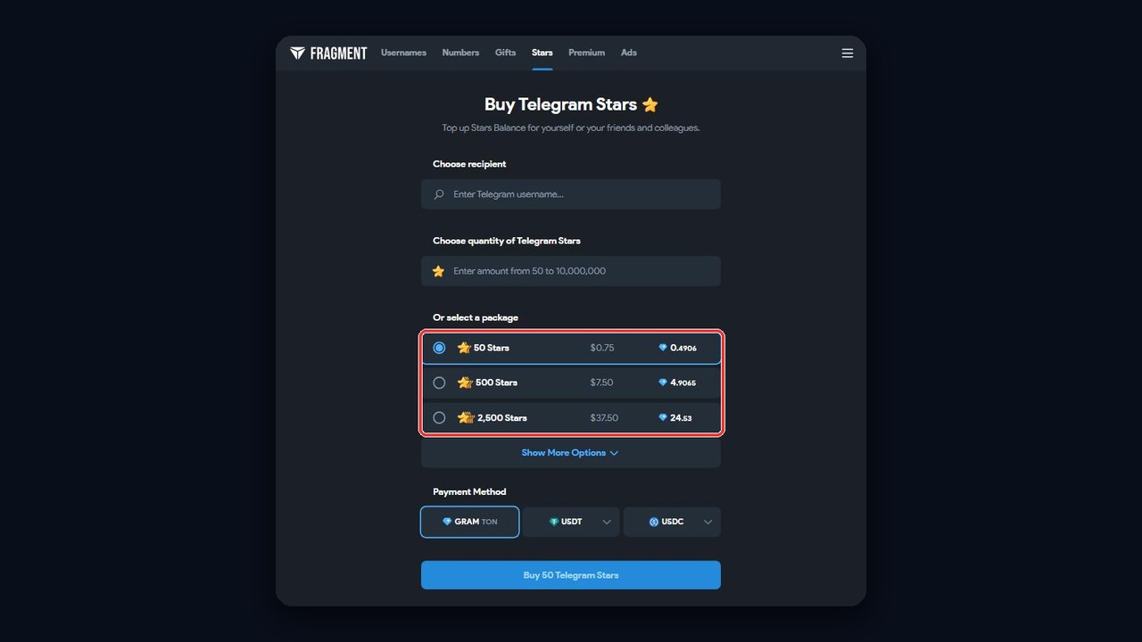 Купить звезды тг на Fragment: пакеты от 50 звёзд с оплатой в TON
