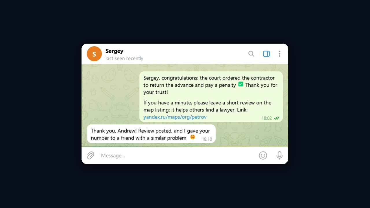 Asking a client for a review after a won case