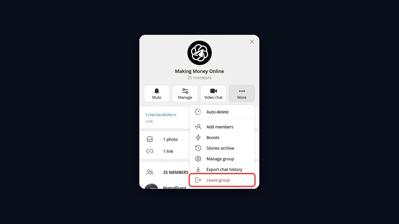 How to leave a Telegram group: More → Leave group in Telegram Desktop