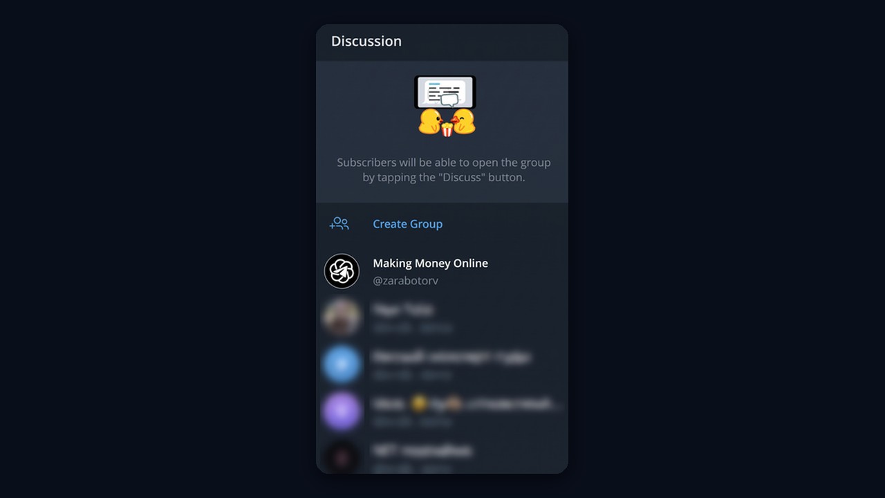 Linking an existing group to a channel: the group list under Discussion
