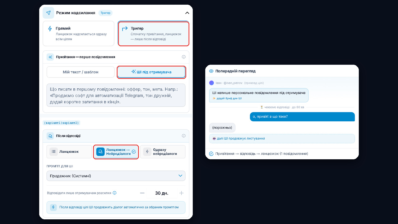 ЛС-розсилки GramGPT: тригерний режим і перше повідомлення ШІ під отримувача