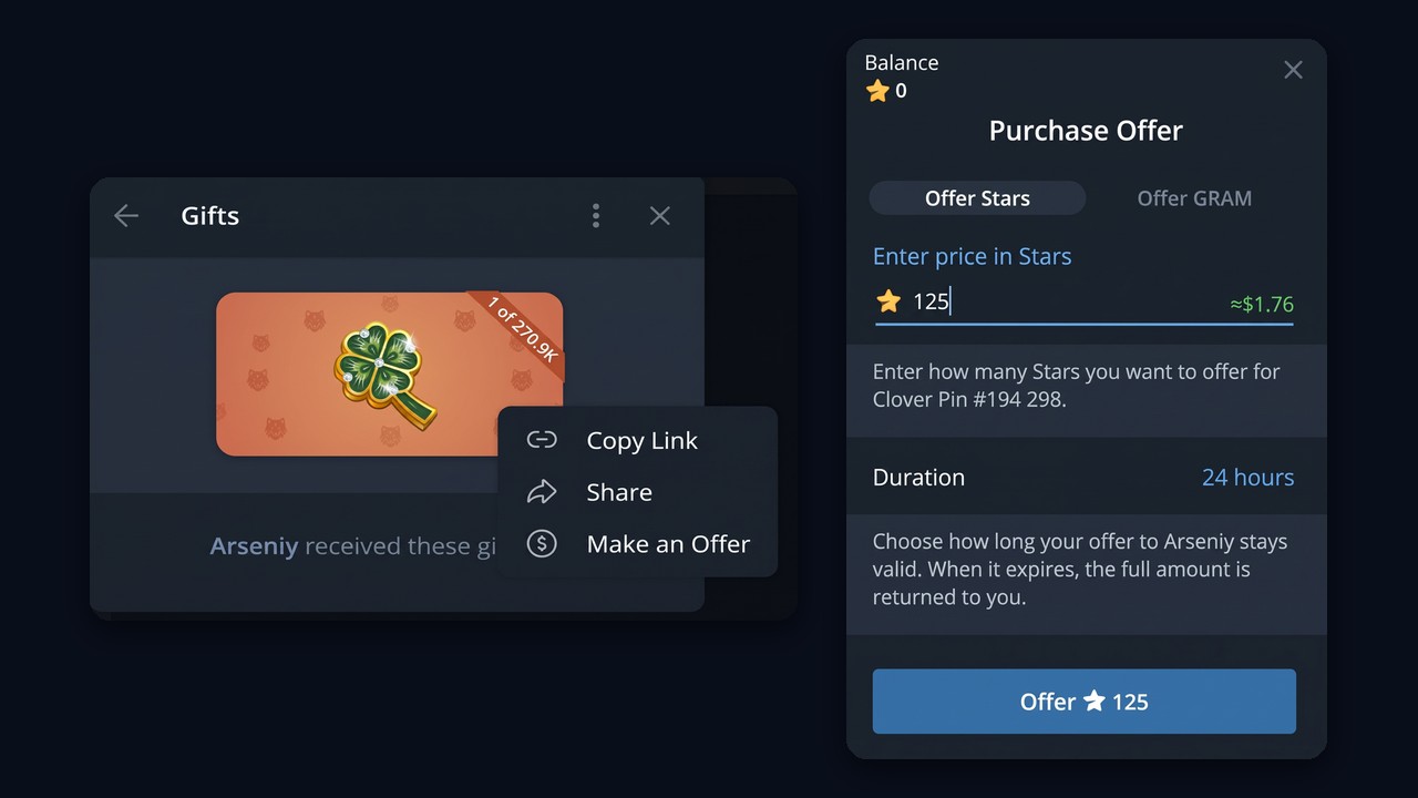 Purchase offer for a Telegram gift: Make an Offer and a price in Stars