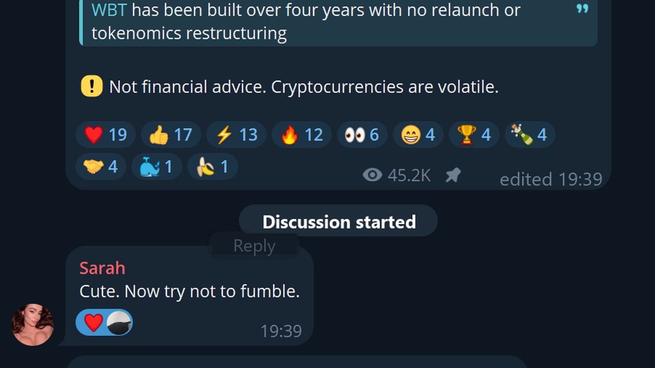 A reaction under a comment in Telegram: how Mass React works