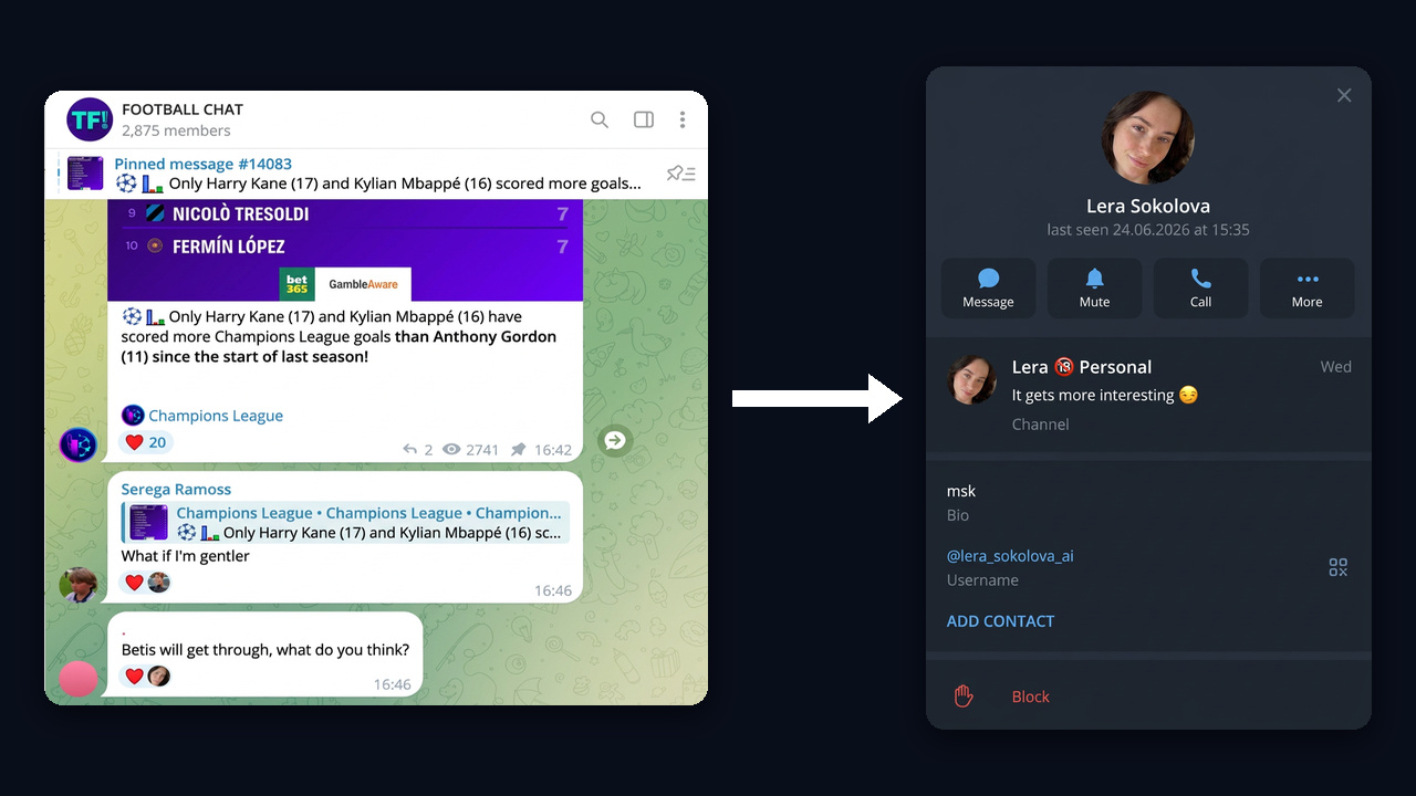 A mass reaction from an AI profile under a comment in a football chat and the bait channel in her profile