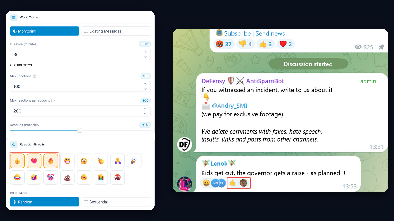 GramGPT Mass Reactions: Monitoring mode, emoji and a reaction to a comment in a city channel