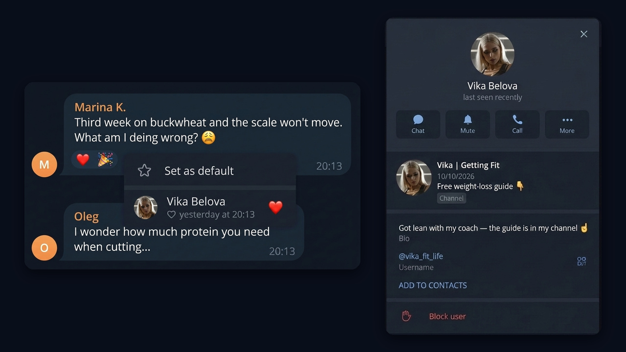 Mass Reactions: an athlete reacts to a comment and her profile shows the channel